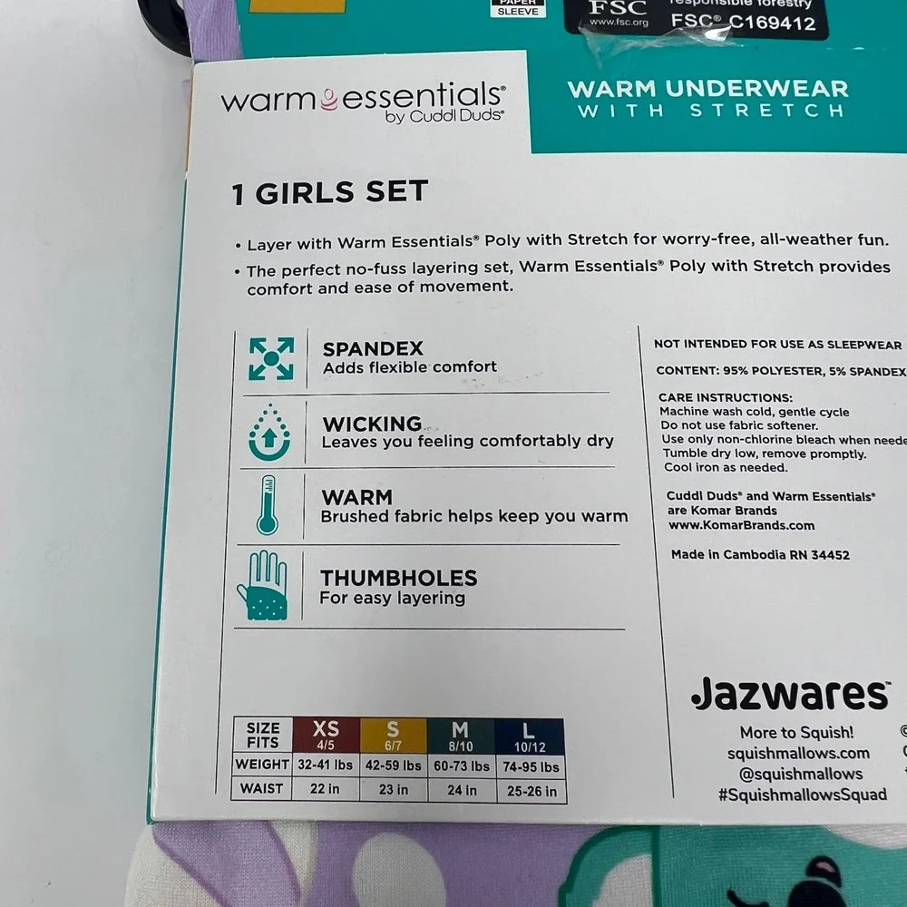 Warm Essentials Cuddl Duds Squishmallows Thermal Set Girls S 6/7 Lavender Print